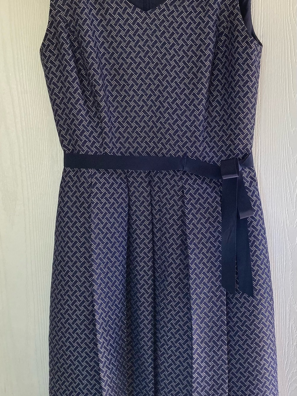 Navy Sleeveless Patterned A-Line Dress with Waist Ribbon